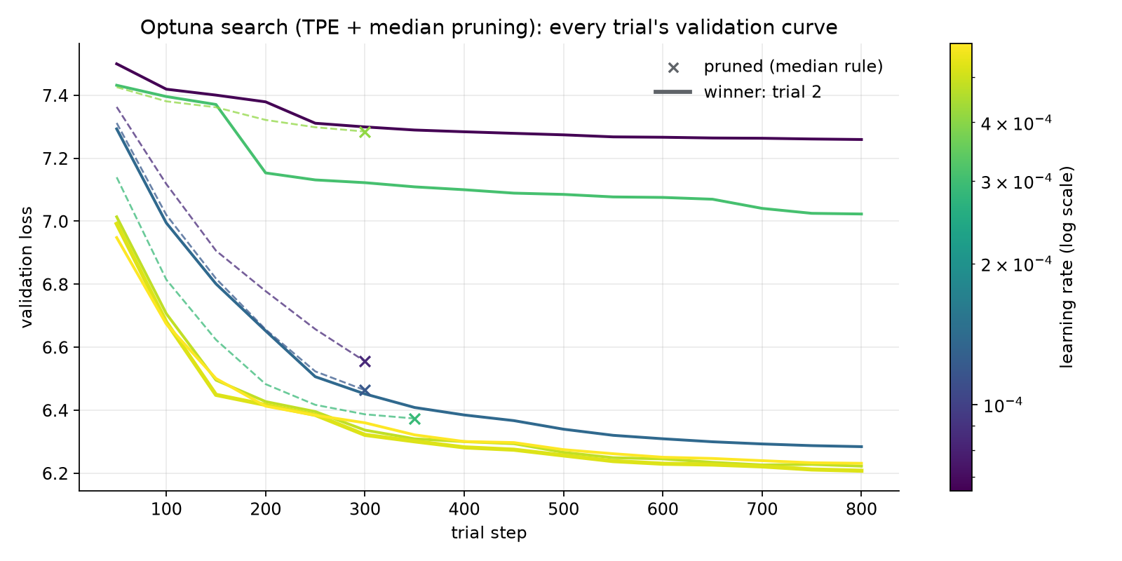 Optuna tuning: validation-loss curves of all trials, pruned trials ending early